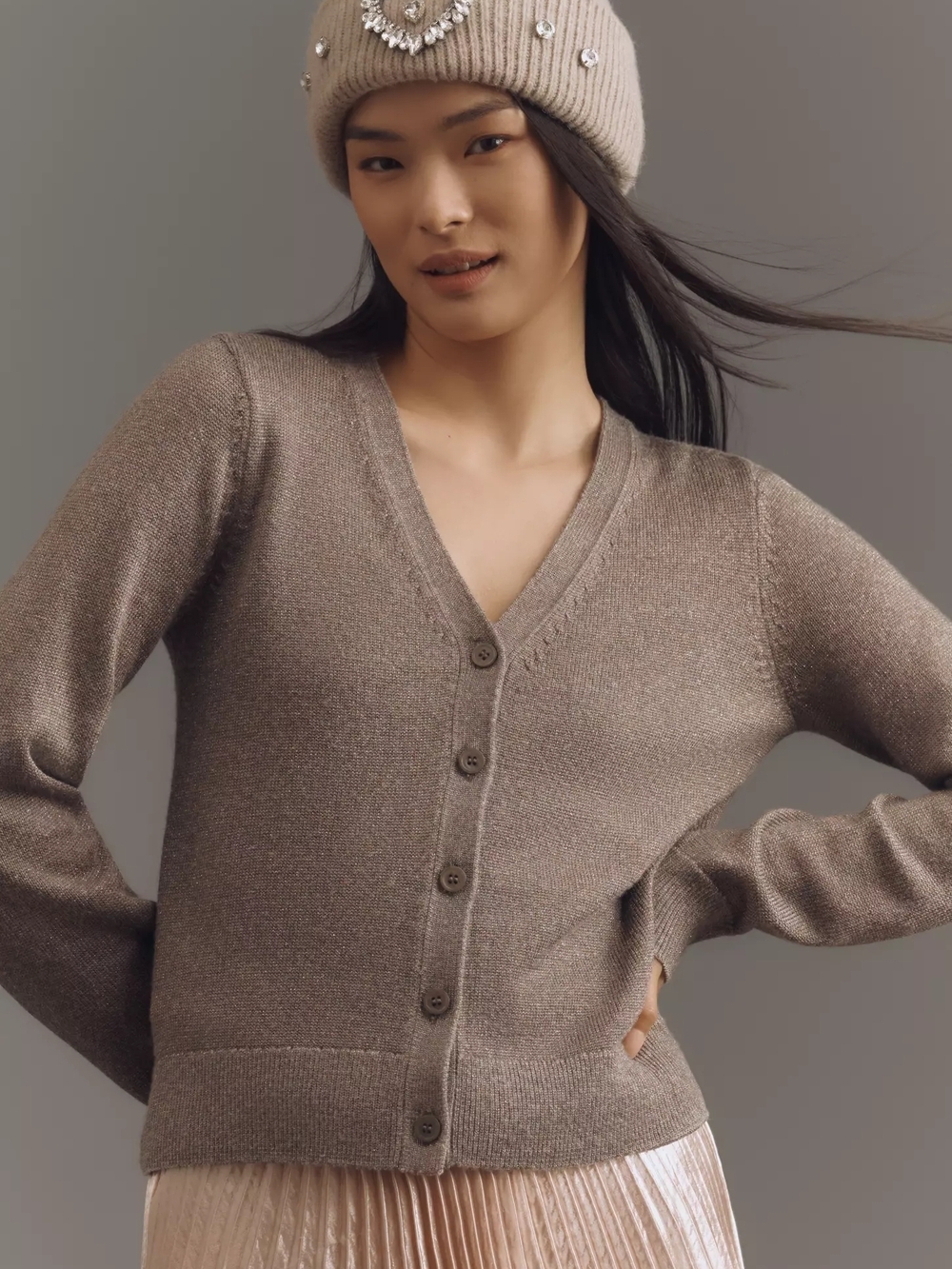 Michael Stars Taupe V-Neck Button-Up Fitted Soft Knit Ruiz Metallic Cardigan M